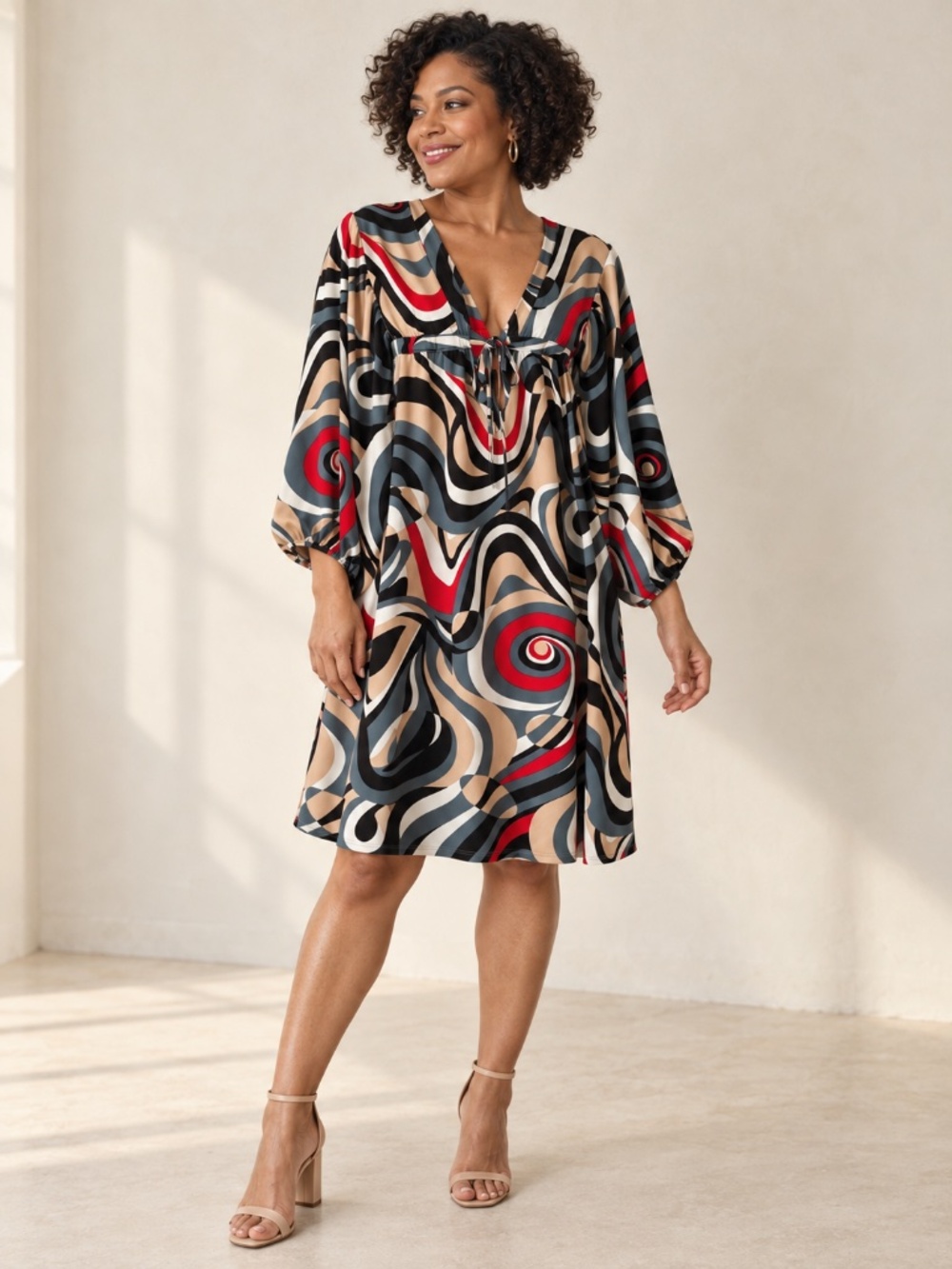 PI Abstract Swirl Print Empire Waist Midi Dress Small